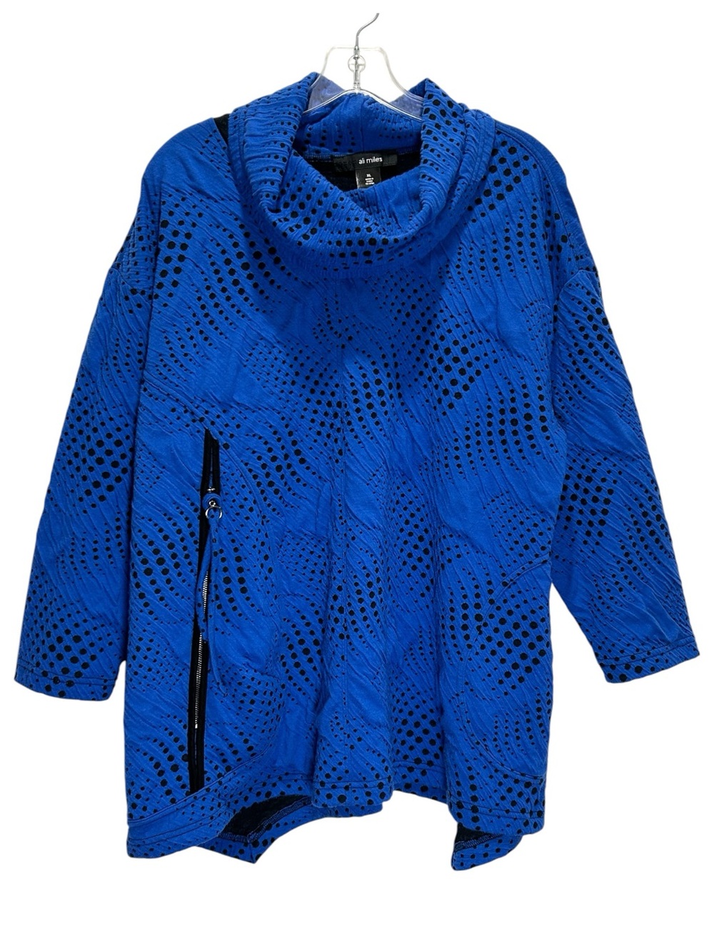 Ali Miles Blue/Black Textured Asymmetric Tunic w/ Cowl Neck, 3/4 Sleeves - XL